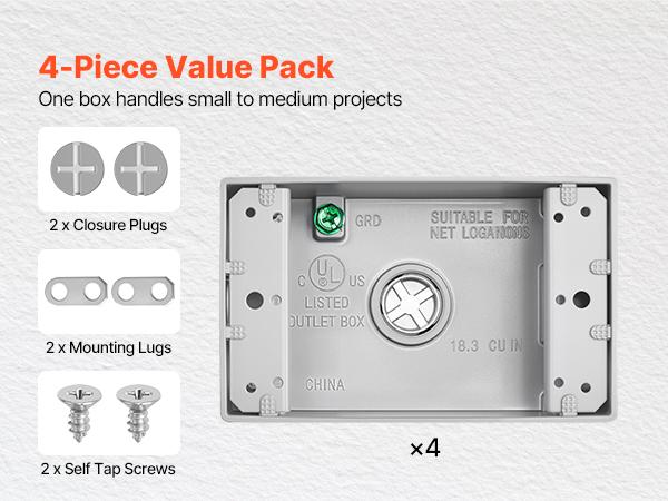 VEVOR Outdoor Electrical Box, 4.5x 2.8x 2 in, Weatherproof Outlet Junction Box, Suitable 1/2-Inch or 3/4-Inch Electrical Conduit, 18.3 Cu. In Large Capacity Plug Receptacle Protector, 4PCS, Gray VEVOR Outdoor Electrical Box, 4.5x 2.8x 2 in, Weatherproof Outlet Junction Box, Suitable 1/2-Inch or 3/4-Inch Electrical Conduit, 18.3 Cu. In Large Capacity Plug Receptacle Protector, 4PCS, Gray