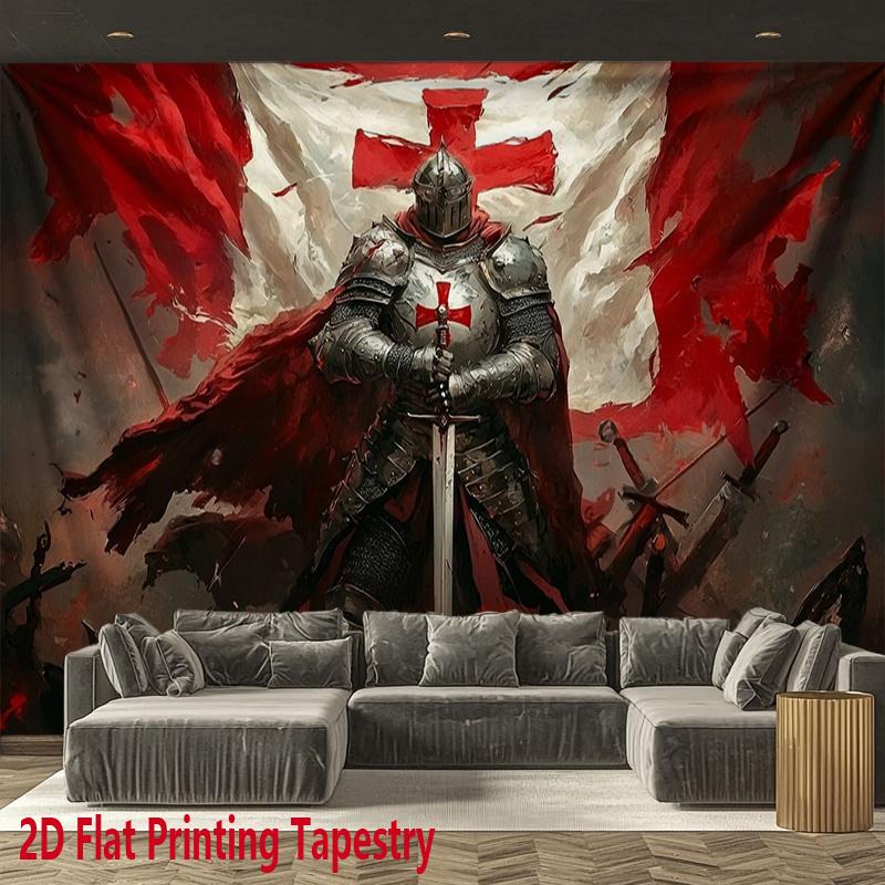 A 2D printed tapestry that is perfect for holiday party decoration. This polyester background fabric showcases medieval knight designs and Crusader patterns, suitable for hanging in various spaces such as homes.