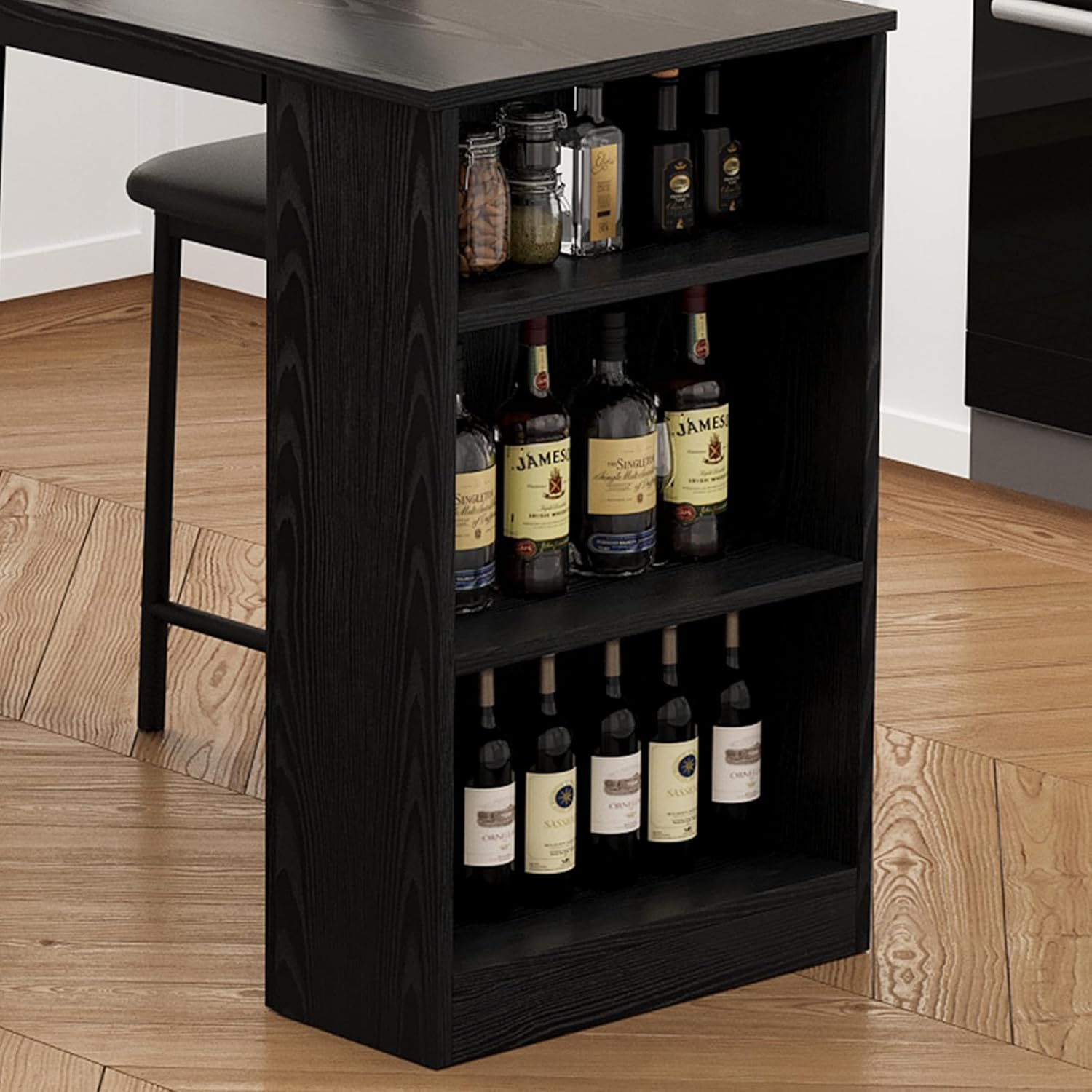 3-Piece Dining Table Set, Counter Height Kitchen Table Set for 2 with 3 Storage Shelves, Expandable Bar Table with 2 Cushioned Chairs for Small Spaces, Apartment 3-Piece Dining Table Set, Counter Height Kitchen Table Set for 2 with 3 Storage Shelves, Expandable Bar Table with 2 Cushioned Chairs for Small Spaces, Apartment