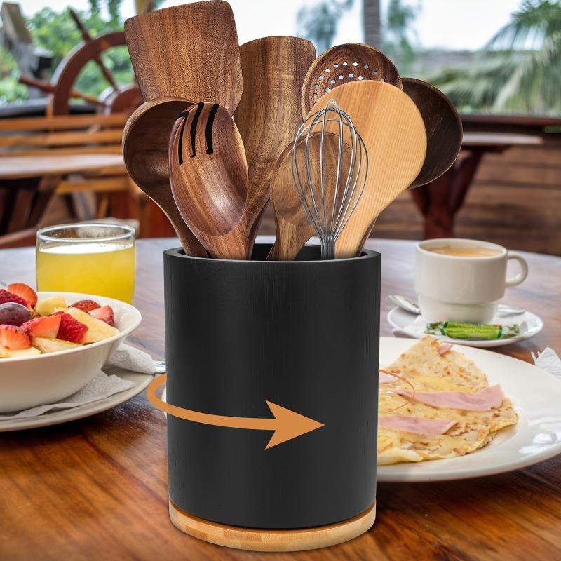 Black Minimalist 3-Compartment Cutlery Holder, 360-Degree Rotating 7.3-Inch Large Kitchen Storage Rack, Kitchen Countertop Organizer, Cutlery Storage Jar, Rustic-Style Kitchen Countertop Decor, Black