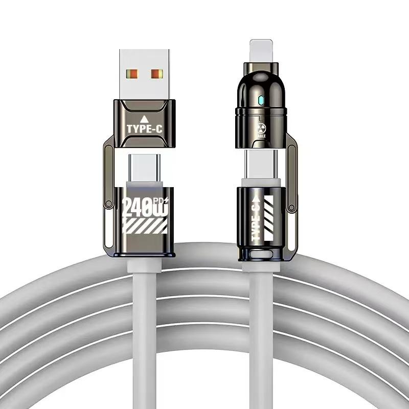 Car Accessories 4-In-1 Multi USB Charger Cable, Supports USB A, Type C, Lightning, 240w Fast Charging, Compatible with iPhone 16/15, iPad Pro, Samsung, Laptops