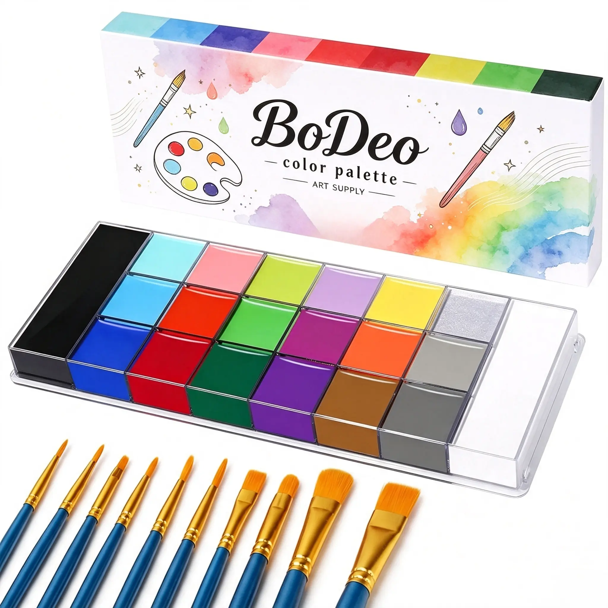 BODEO Body Face Paint Oil Palette + 10PCS Brushes Set,Large Deep Pan Face Painting Kit for Halloween Cosplay Party Artist Costume Festival Sports