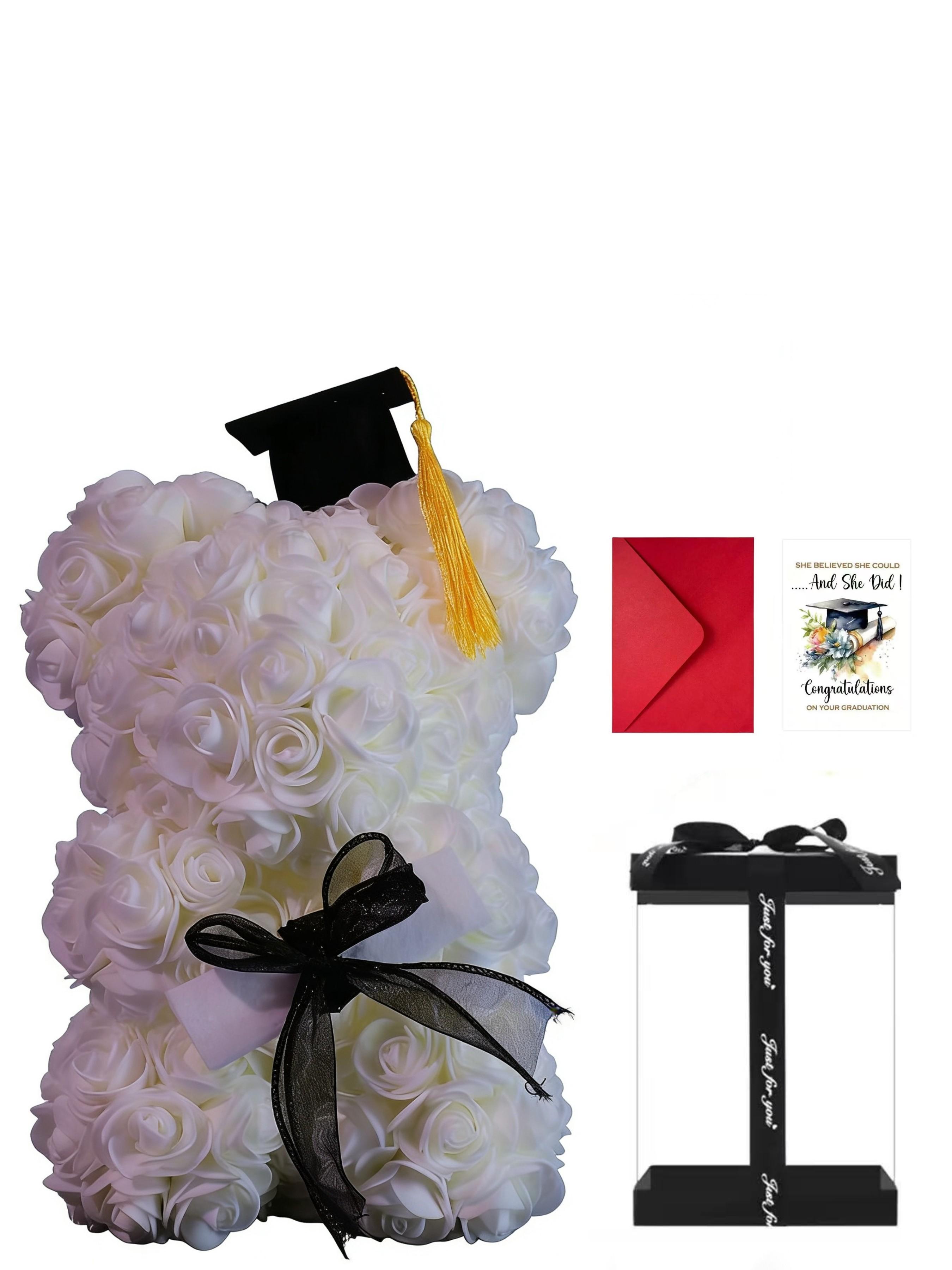 Graduation Gift Card with Bear Design, Pe Rose Flower Theme, Perfect for Classmates, Includes Envelope, Ideal Graduation Souvenir