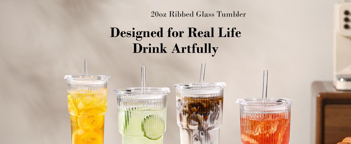 20oz Glass Tumblers with Straws and Lids, Ribbed Iced Coffee Cups Leak-proof, Dishwasher Safe, Thickened Glass Cups with Lids Ideal for Coffee and Travel, Clear, 4 Pack