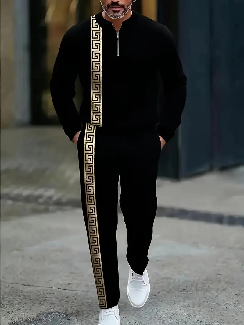 Men's European American-Style Sportswear Set Half-Zip Top & Matching Trousers Golden Greek Fretwork Design Comfortable Fabric for Daily Streetwear