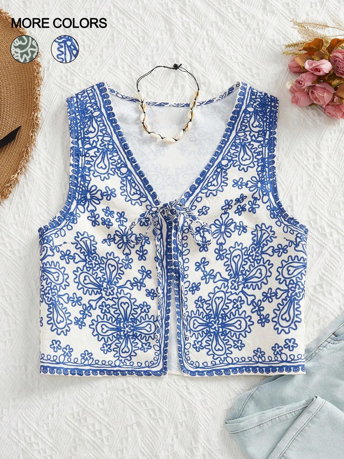 Women's Floral Ethnic Pattern Tie Front V Neck Vest Jacket without Necklace, Boho Sleeveless Outerwear for Summer, Ladies Clothes for Beach Vacation Holiday, Womenswear