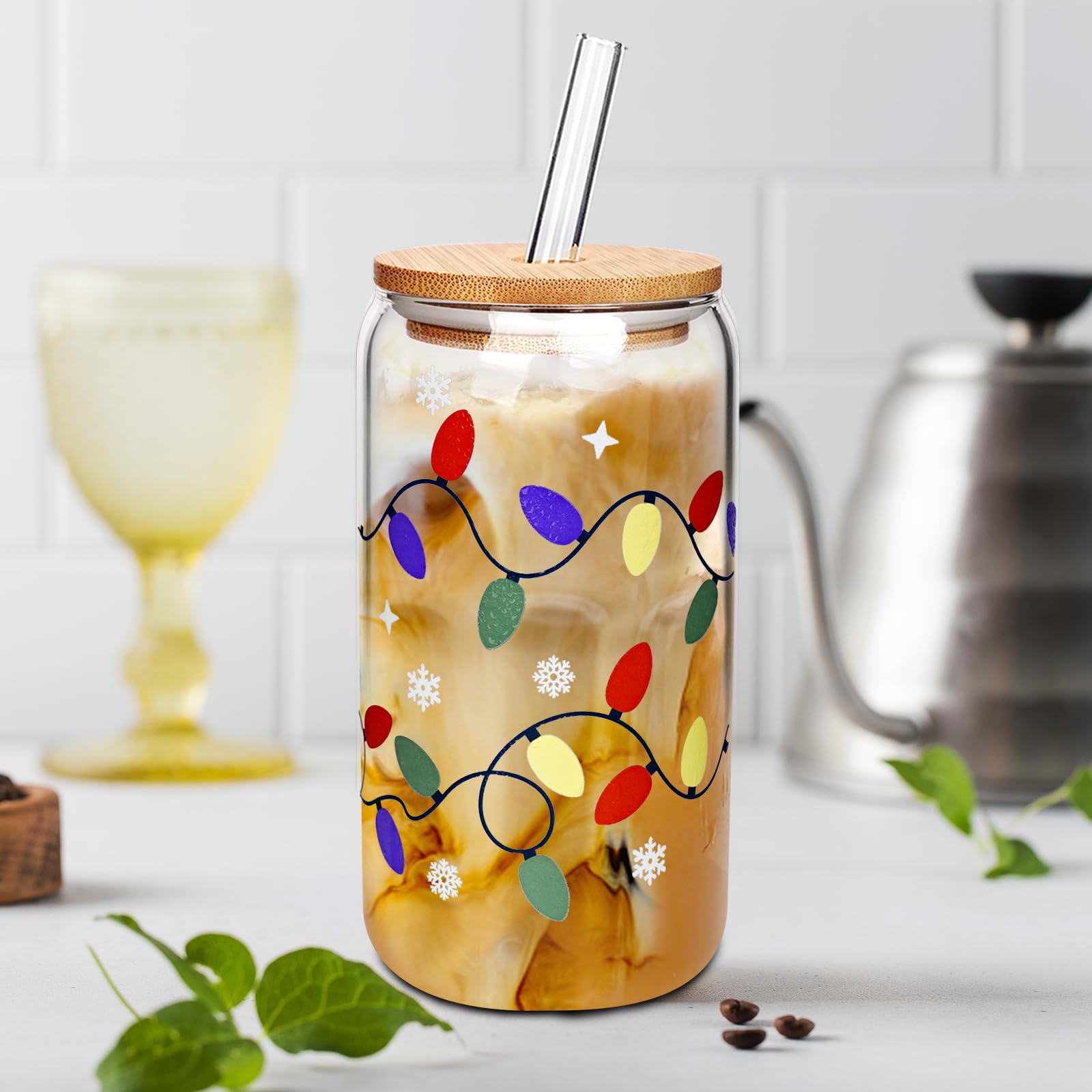 Christmas Glass Cups 17oz Iced Coffee Cups with Lids  with Color Changing and Straws Drinking Glasses Cups Decor Glass Water Bottles Gift for Women Kids Men Cute Drinking Can Jar, Floral Tumbler, Beer Can Gifts