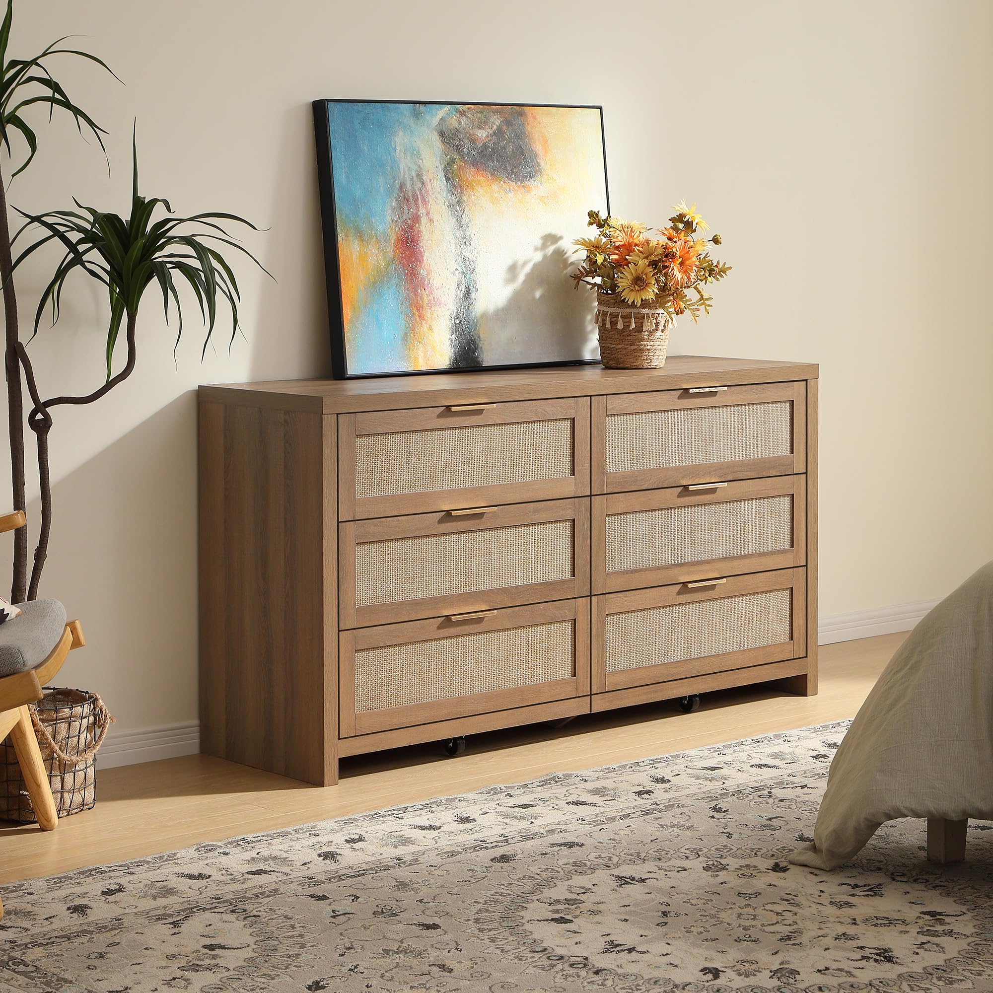 SICOTAS Larger Rattan Night Stand - 15.4"D x 24.8"W x 26.5"H Nightstands with Type-C Charging Station, 3 Rattan Mesh Drawers, Usb port Boho Bedside Table End Table with Storage for Bedroom Sofa Couch Office, Robust and Stylish, Durable