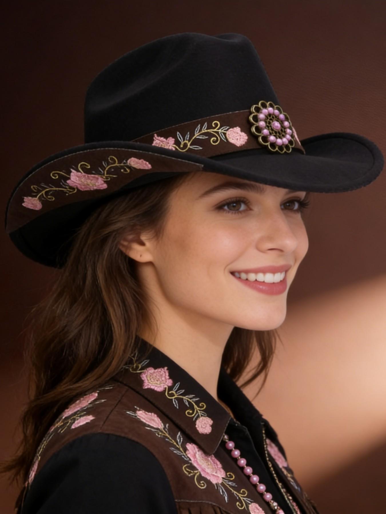 Elegant Embroidered Floral Western Hat, Perfect for Outdoor Leisure, Dance Parties, Jazz Hats, Stylish Cowboy Accessory