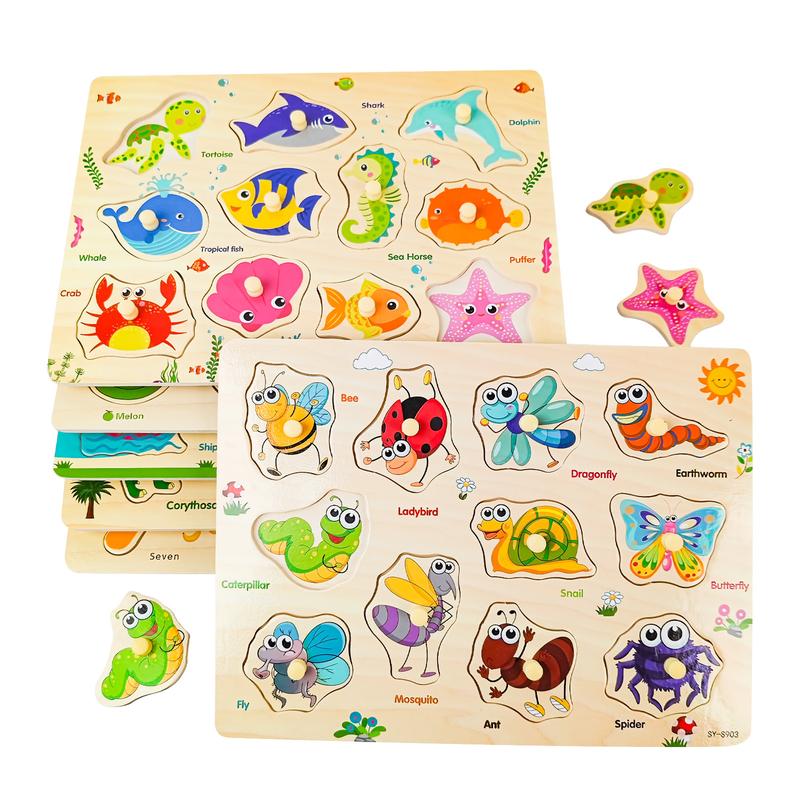 edutree Wooden Peg Puzzles for Toddlers 1 2 3 4, 6 Pack Educational Peg Puzzles Montessori Toys, Learning Puzzles for Kids Girs Boys with Alphabet Number Animal Vehicle Shape, Halloween gift