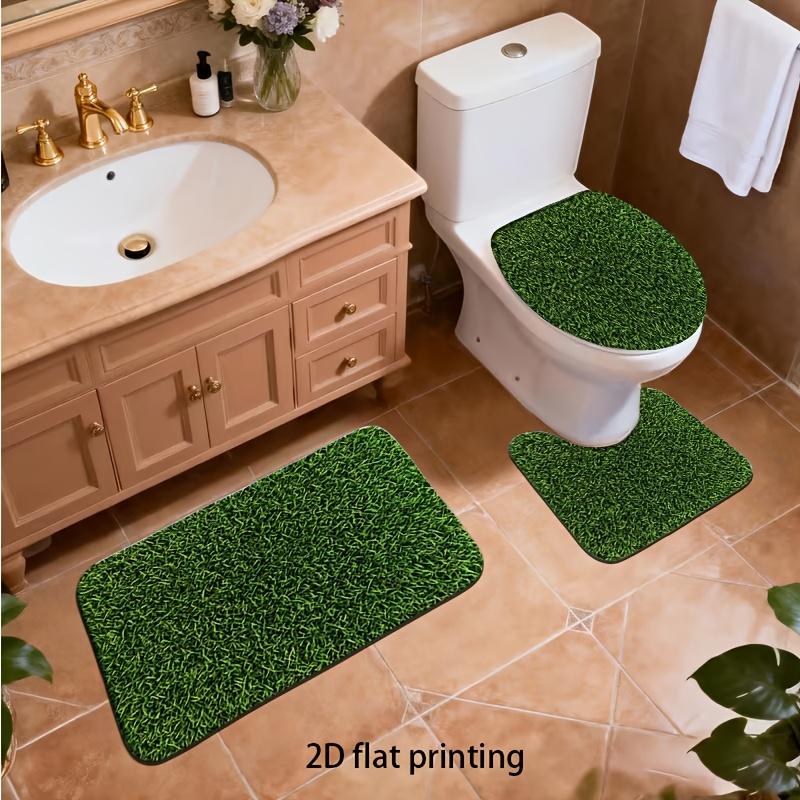2D Flat, 2D Flat, 2D Flat Printing, 3pcs Lawn Grass Pattern Bathroom Mat And Carpet Set, Toilet Lid Mat, Toilet U-Shaped Pad, Fleece Material, Soft Surface