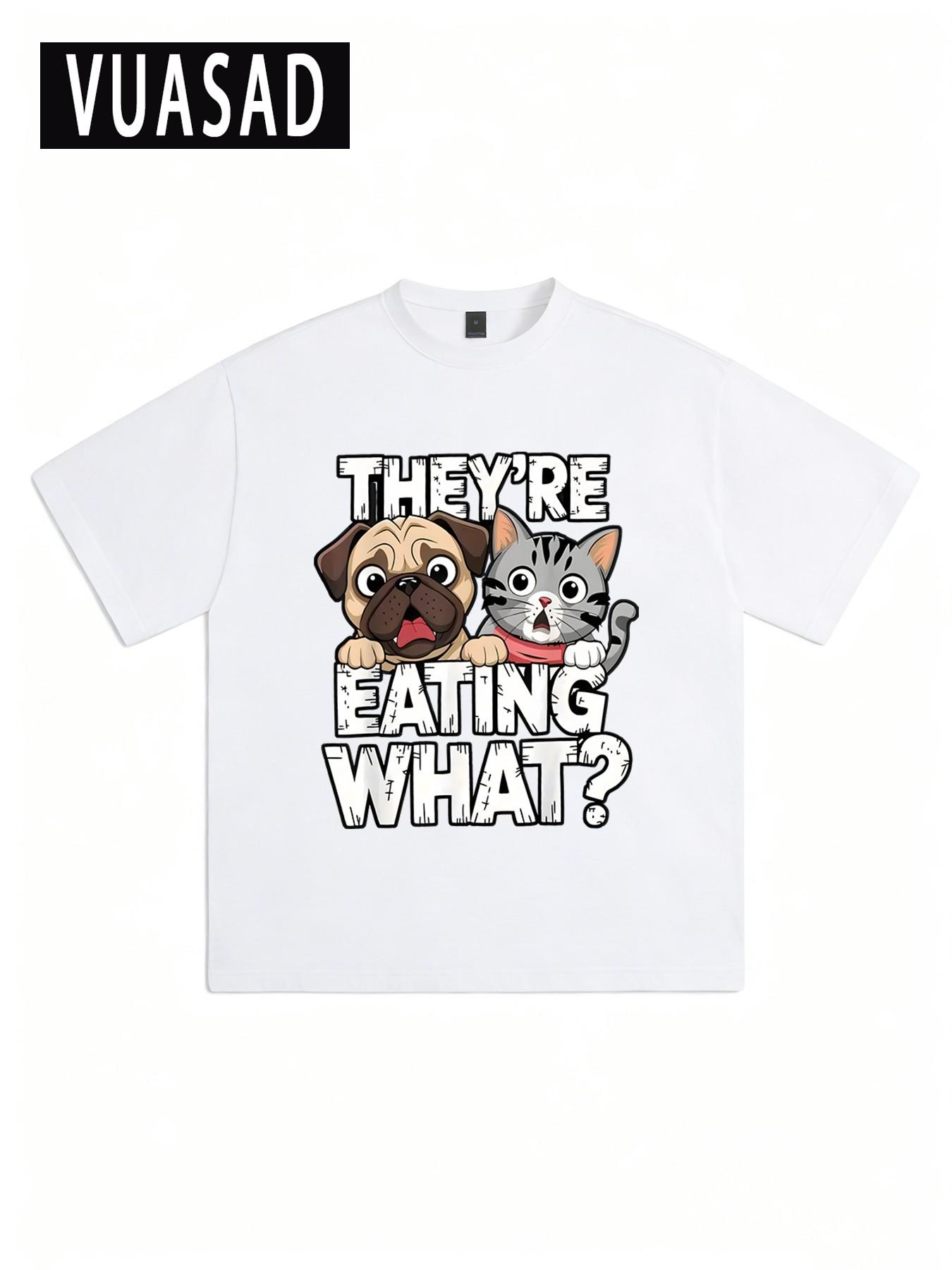 Men's Casual Cotton Short Sleeve T-Shirt, Pet Cat Dog Slogan Print, Loose Fit, Street Style, Half Sleeve Top, Trendy Fashion