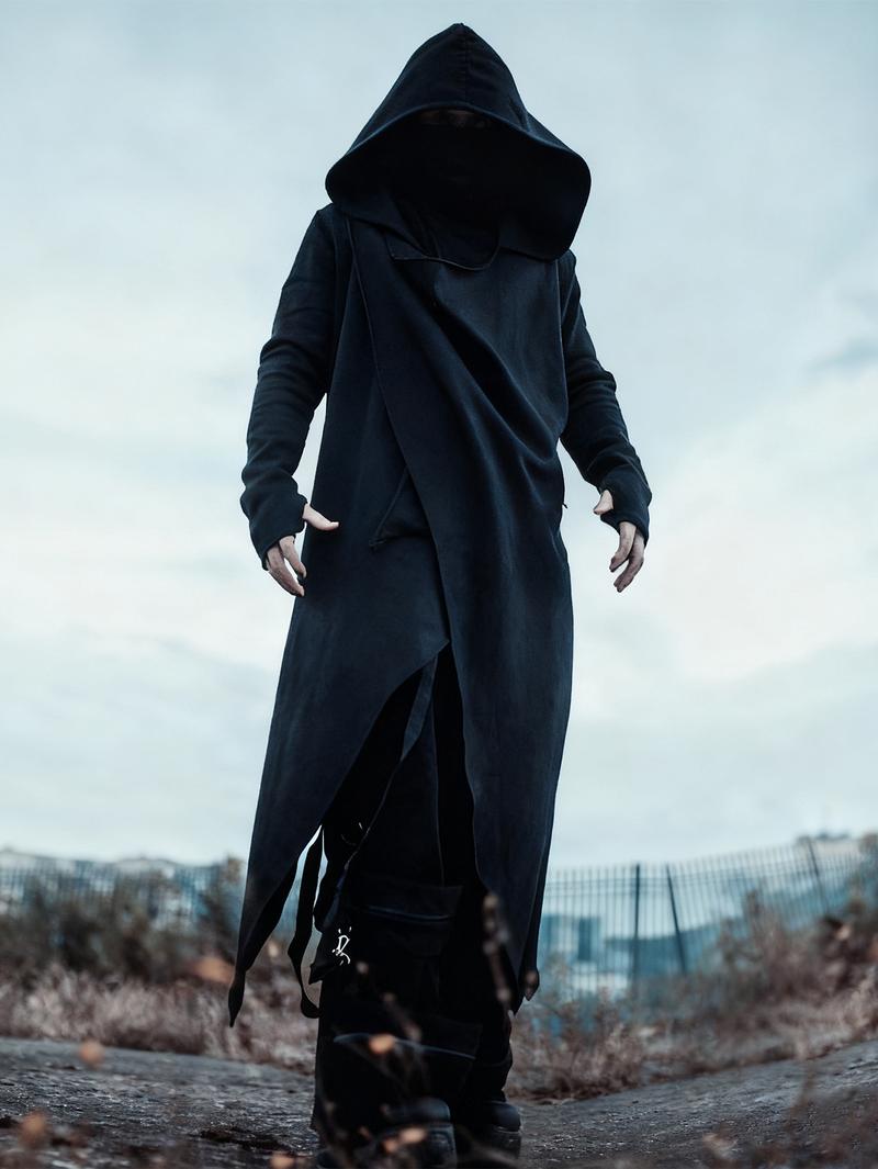 Men's Black Hooded Cyberpunk Maxi Coat – Asymmetric Design, Stylish Outerwear for Street Fashion & Cosplay Men's Black Hooded Cyberpunk Maxi Coat – Asymmetric Design, Stylish Outerwear for Street Fashion & Cosplay