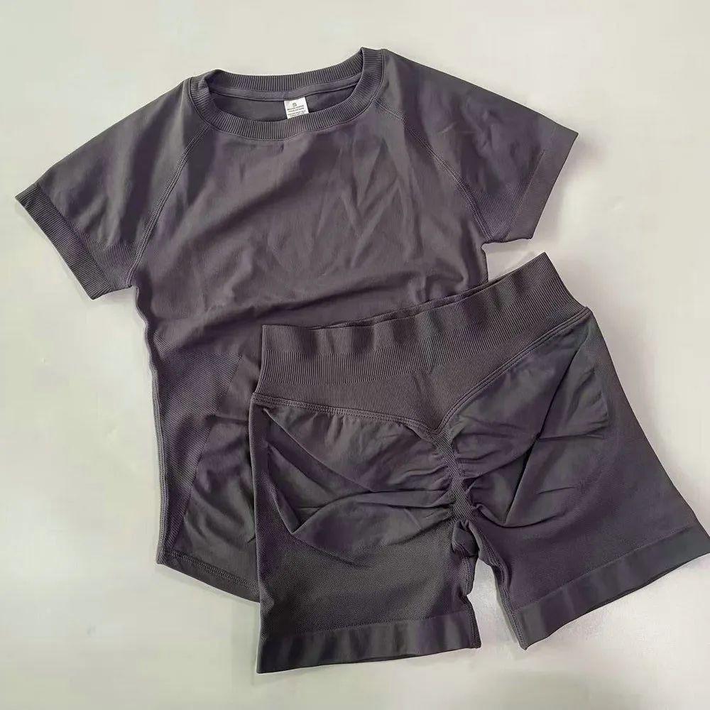 Dfyne Cross-Waist Hip-Lifting Shorts + Short-Sleeve Sports Set |   Seamless Knit Breathable Quick-Drying |   Fitness & Yoga Two-Piece Set