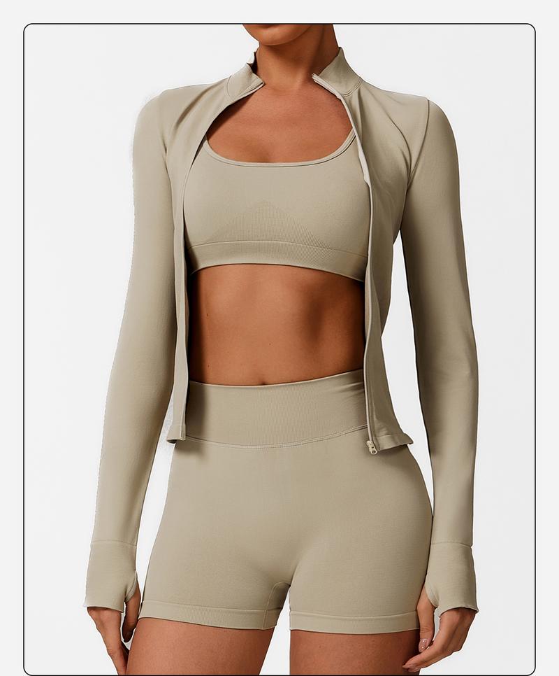 MFVIM 3-Piece Women's Sportswear Set - Solid Color Cross Short Top High-Waisted Leggings Zip Jacket Ultra-Comfortable Yoga Outfit For Fitness Running Gym Sessions Training Clothes Stretchable Activewear