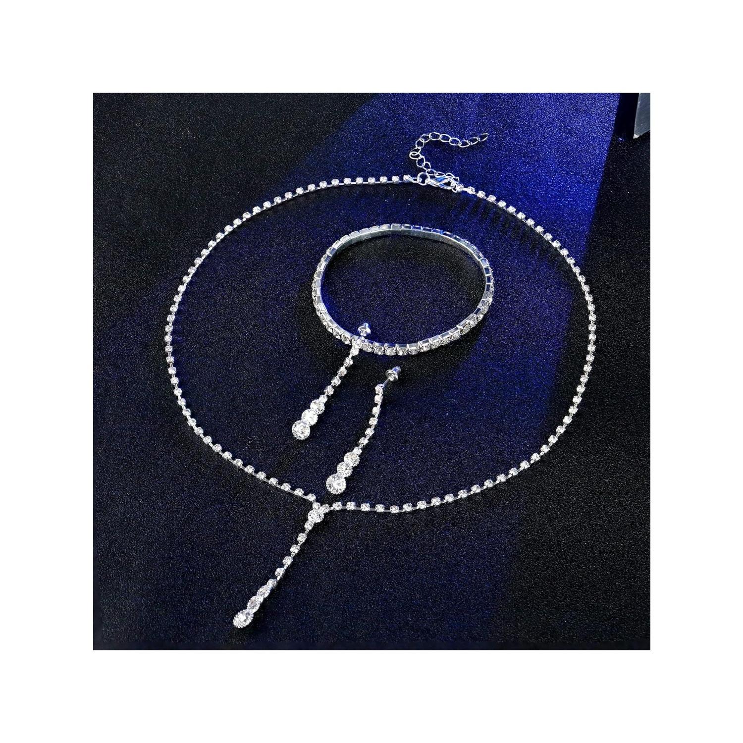 One Set Silver Bridal Jewelry Set Rhinestone Necklace Bracelet Dangle Earrings for Bride Bridesmaid Teardrop Pendant Crystal Wedding Prom Jewelry Accessories for Women