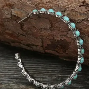 Women's Turquoise Textured Zinc Alloy Hoop Earrings - Vintage Vibe, Durable, Elegant Turquoise Jewelry, Ideal Gift for Daily Wear & Special Occasions
