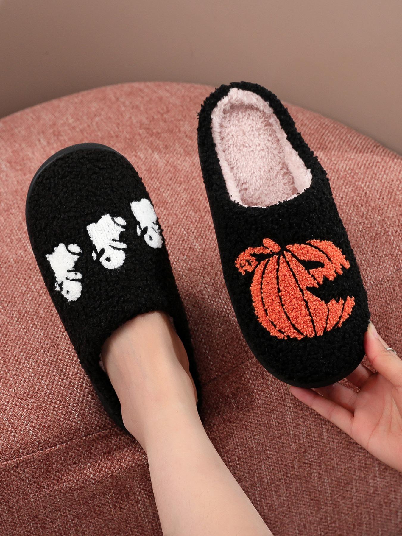 Halloween Pumpkin Ghost Embroidered Plush Slippers, Comfortable Indoor Home Shoes for Men & Women, Black
