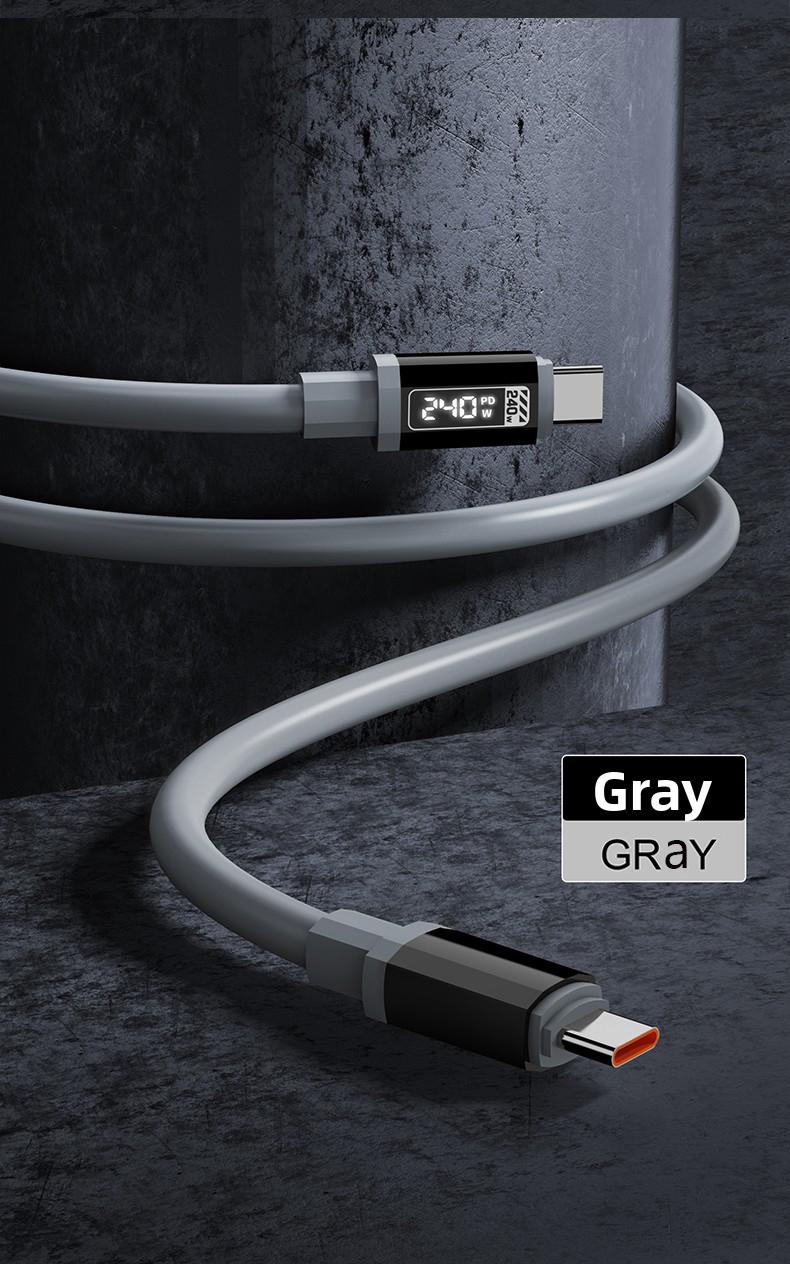 Super soft liquid silicone durable data cable 240W Digital Display Flash Fast Silicone Charging Cable 4.9ft Type C+Type C Type C+Lightning Data Sync Cable for Phones Tablets and Computers Aluminium Alloy