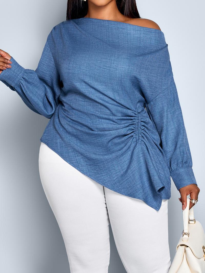Women's Casual Fall Shirt, Plain Long Sleeve Asymmetrical Hem Top, Fitted Woven Fabric, Ideal for Daily Wear & Commuting