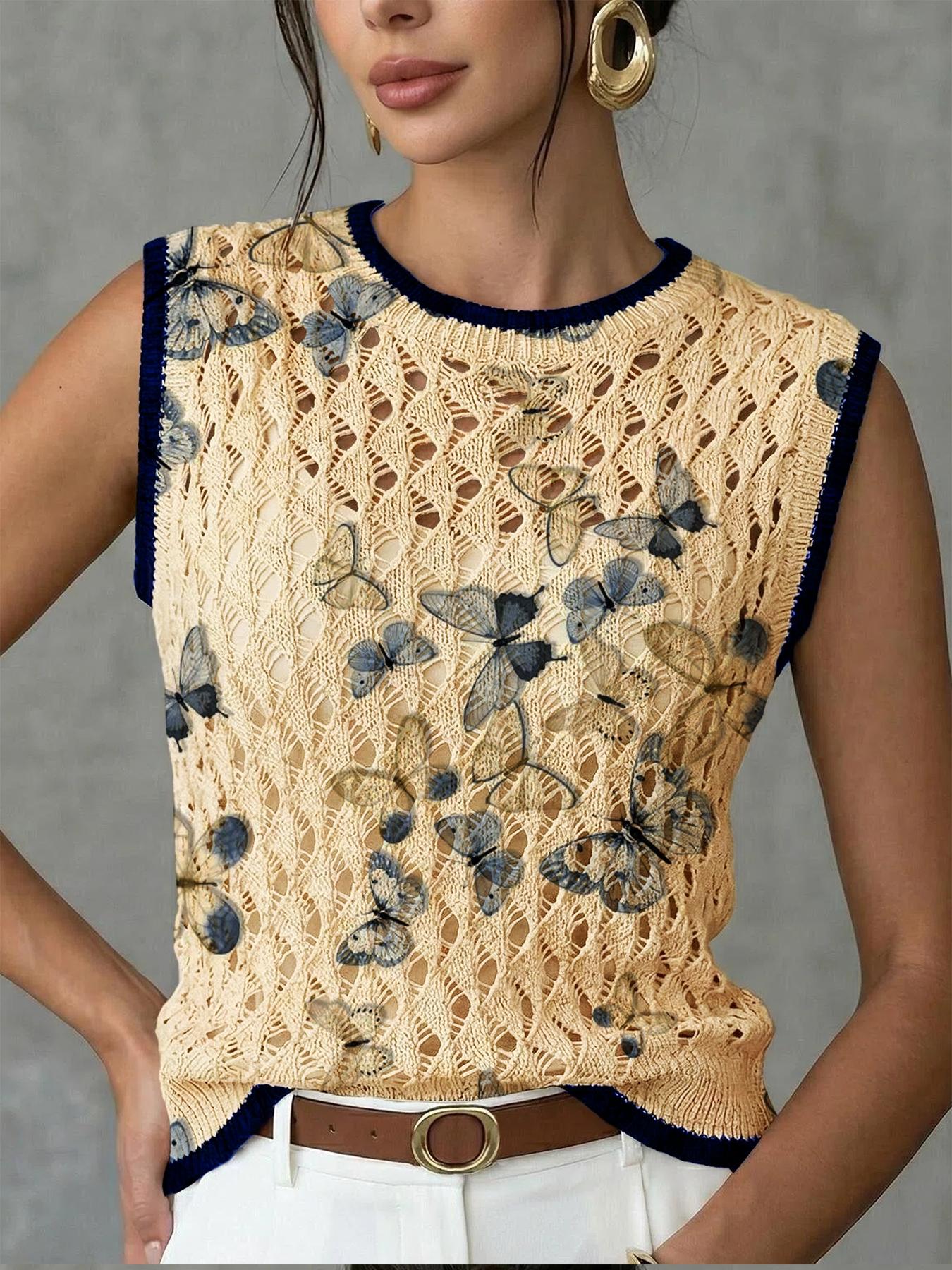 Spring Summer Elegant Women's Butterfly Print Round Neck Knit Vest, Casual Sleeveless Knit Top, Breathable Fashion Wear, Hollow Out Design