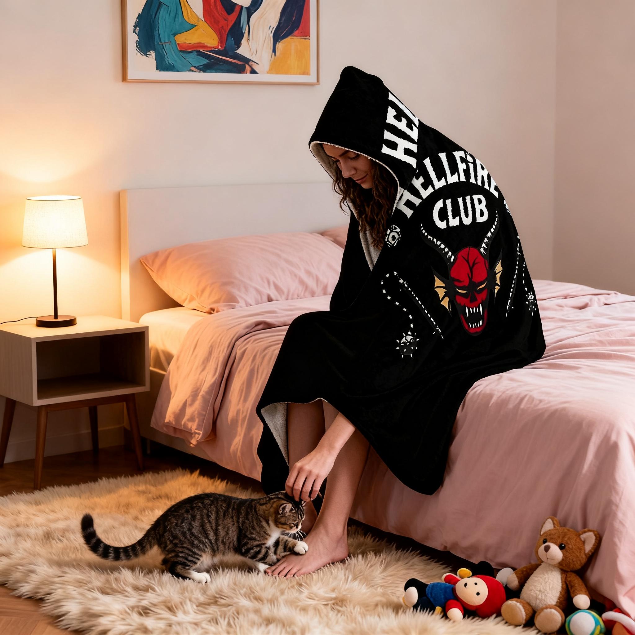 Stranger Things Hellfire Club Pattern Cozy Hooded Blanket, Digital