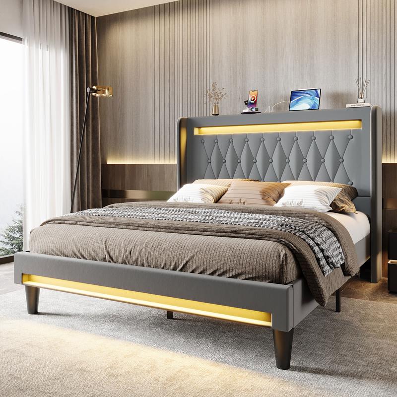 HOOMIC Upholstered Platform Bed Frame【Frame Only No Mattress】with High Wingback Headboard,Dual LED Light Strips,Dutch Velvet Diamond Tufting,Full/Queen/King,Black/White/Grey,No Box Spring Needed