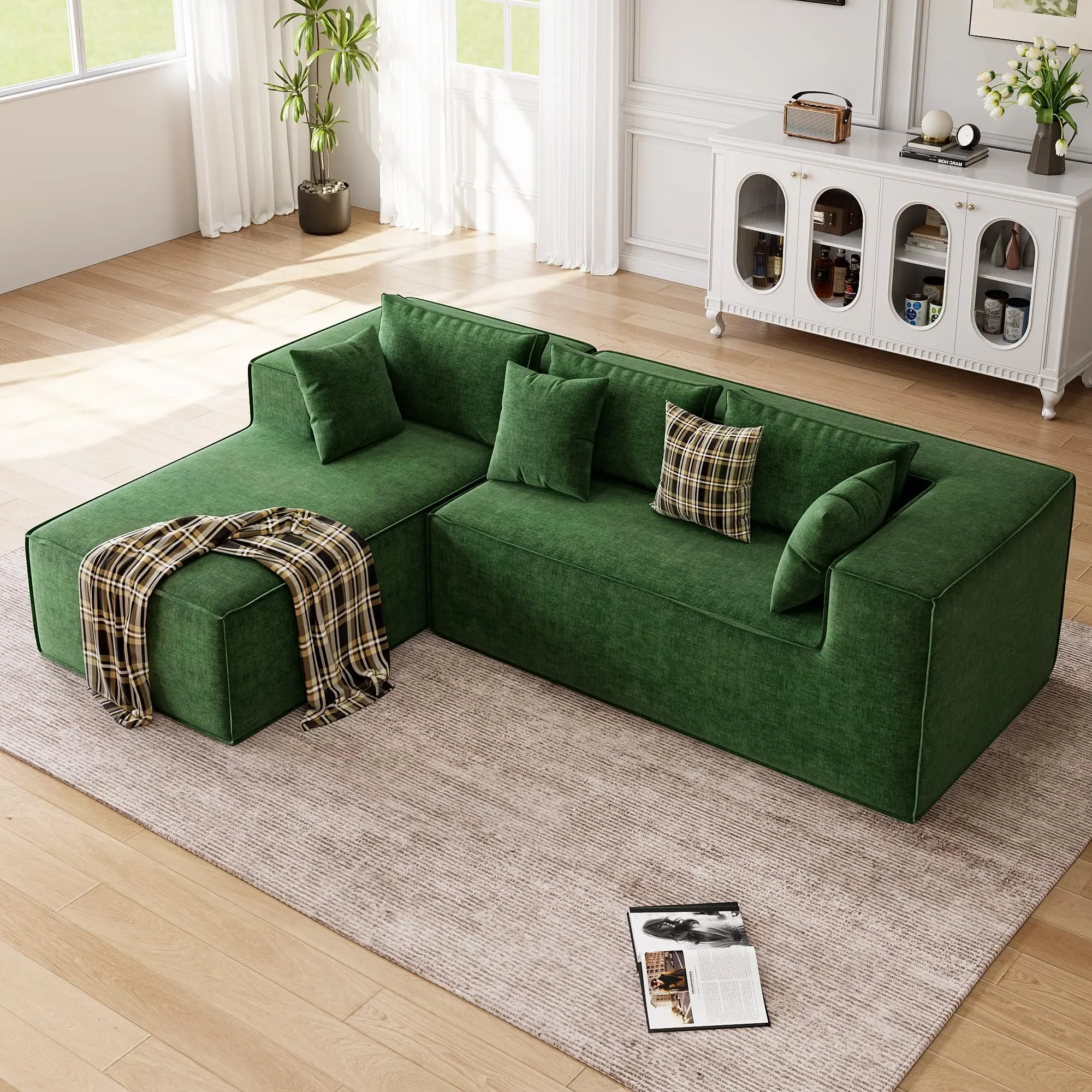 Garvee Modular L-Shaped Sectional Sofa with Deep Seat and Chaise, Upholstered in Chenille Fabric, Featuring High-Density Foam Cushions, No Assembly Required, Perfect for Living Room or Bedroom, Available in Dark Gray and Green