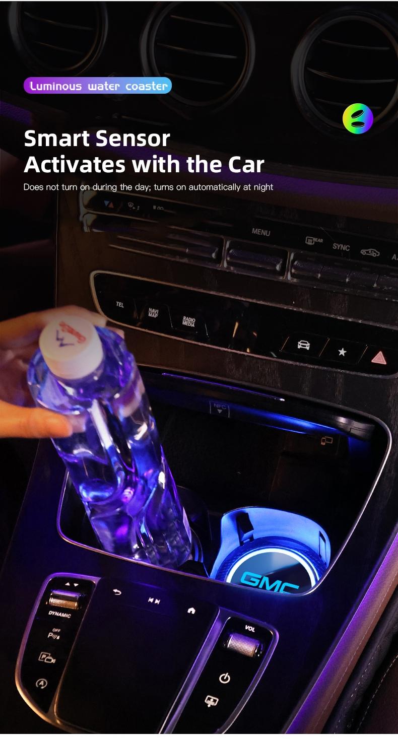 2pcs Car Luminous Water Cup Pad LED Atmosphere Light For GMC Terrain Sierra Canyon Yukon Acadia Savana Denali AT4 Granite