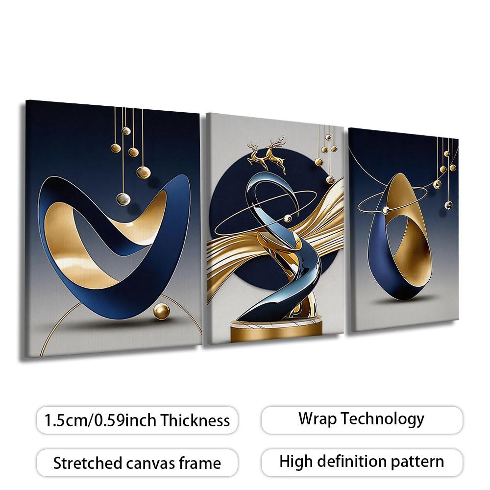 3-Panel Framed Canvas Wall Art, Navy Blue & Gold Abstract Geometry Deer Canvas Print, 3D Texture Golden Elk Wall Decor, Luxury Minimalist Art For Living Room Entryway