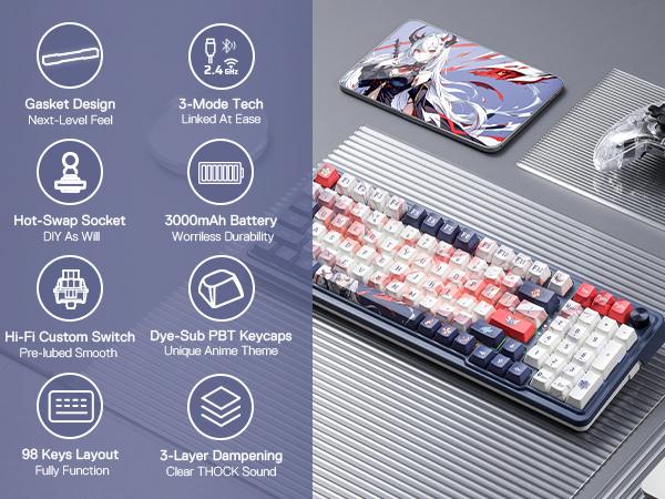 Redragon K686 PRO SE 98 Keys Wireless Gasket RGB Gaming Keyboard, 3-Mode Anime Mechanical Keyboard w/Hot-Swap Socket, Dedicated Knob Control & Sound Absorbing Pads, Custom Hi-Fi Linear Switch