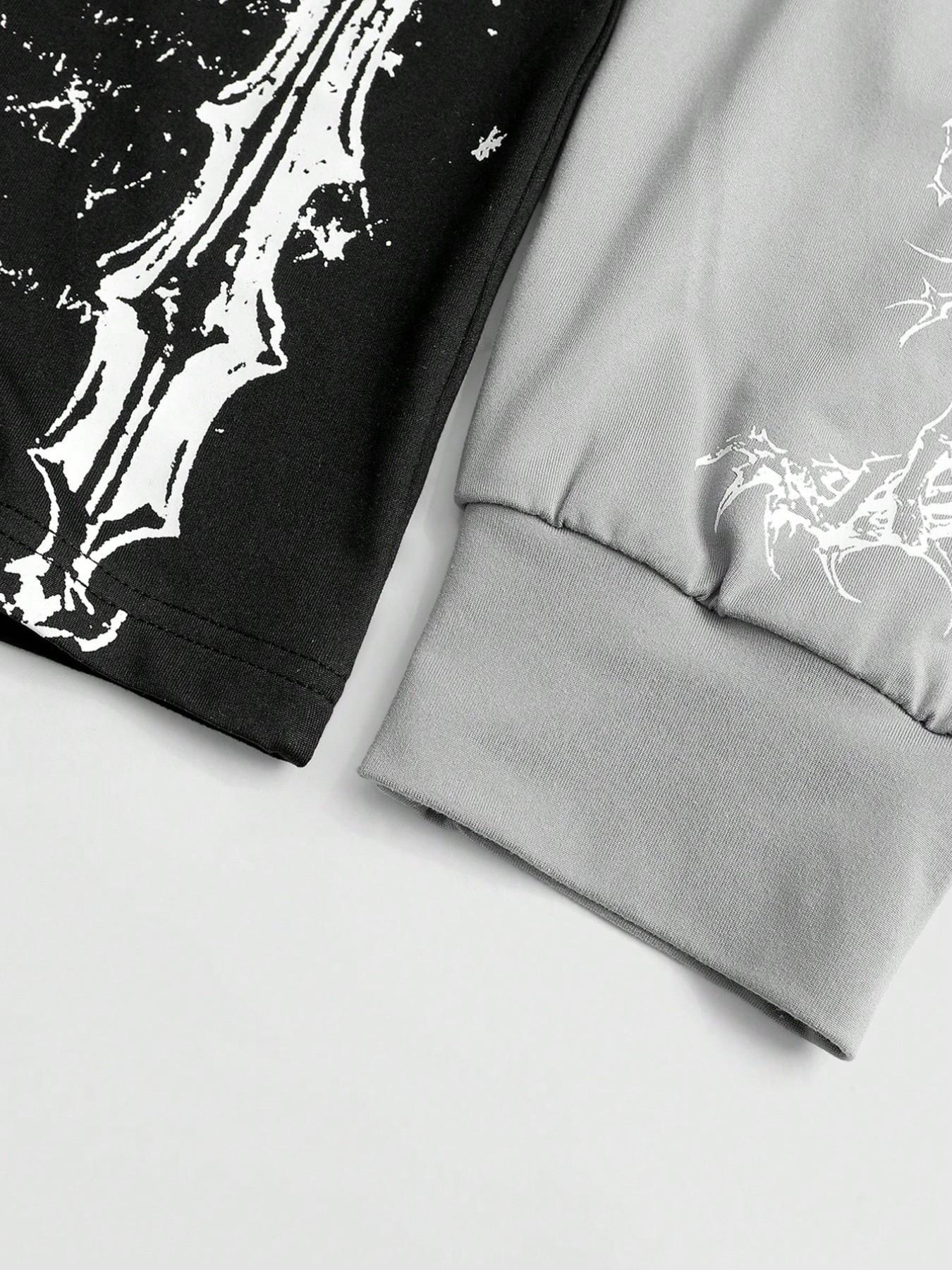 Unisex Gothic Style Long Sleeve T-Shirt with Rune and Cross Print, Ideal for Streetwear and Hip Hop Culture, Perfect Couple