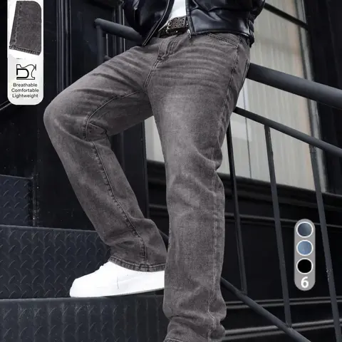 Men's Classic Vintage Washed Straight Leg Loose Jeans, Casual Streetwear Long Pants, All Seasons Fashion, Zipper Fly, Unlined