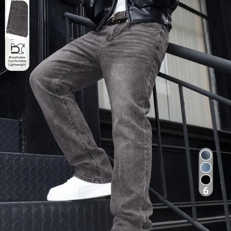 Men's Classic Vintage Washed Straight Leg Loose Jeans, Casual Streetwear Long Pants, All Seasons Fashion, Zipper Fly, Unlined