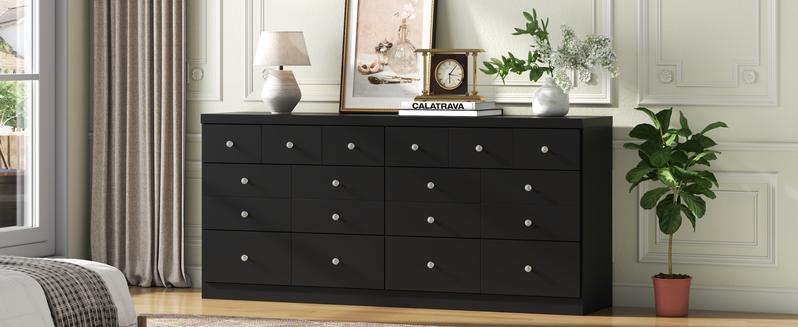 63'' Long Dresser for Bedroom, Large 6 Drawer Dresser with 14 Organized Compartments & Glass Handles, Modern Storage Chest of Drawers with Anti-Tip Kits (White)