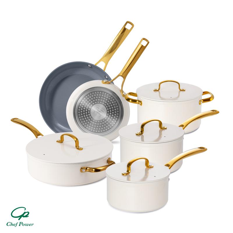 10pcs Golden Handle Ceramic Nonstick Cookware Set By Chef Power Sunray Series Oven Safe Kitchen Dining Pan Pot Utility white aesthetic cookware Frying