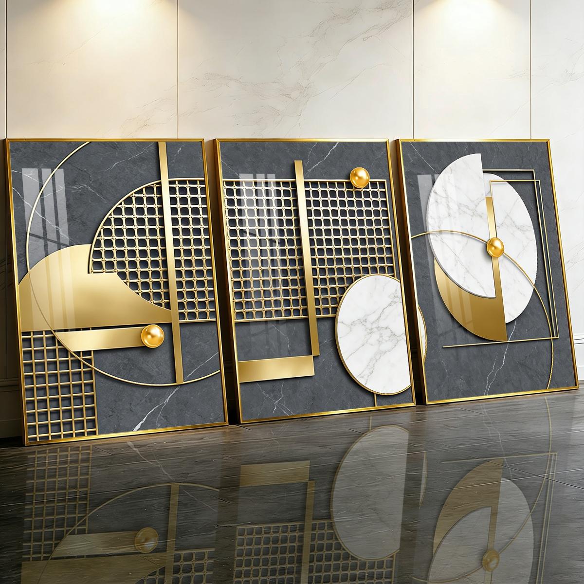 3 Counts Aluminum Alloy Framed Painting, Geometric Gold And Marble Abstract Art, Home Decoration For Living Room, Bedroom, Office, Restaurant, Hallway Wall Decor, Odorless Print Artwork, Luxury Perfect Gift For Friends And Family