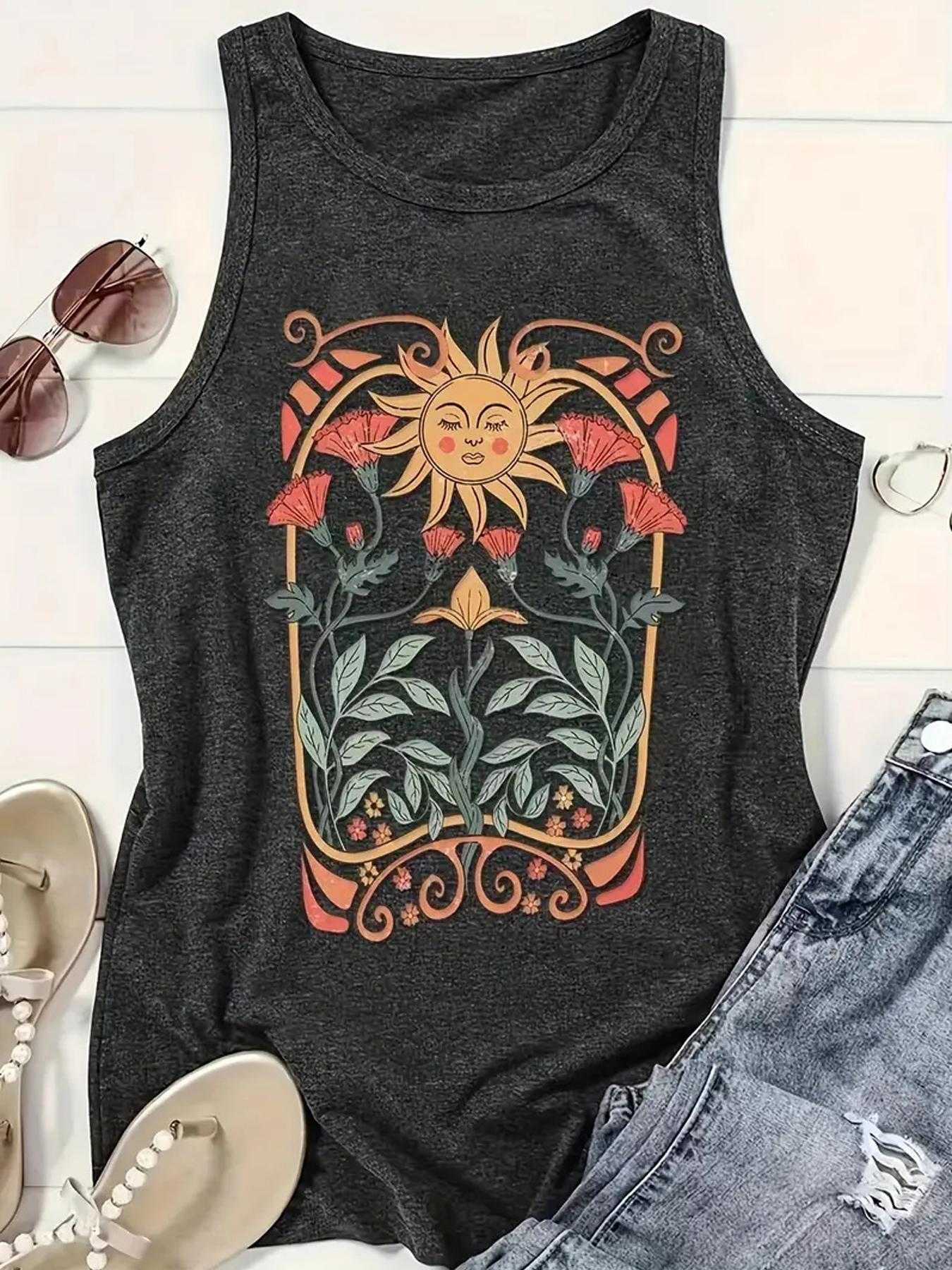 Women's Floral & Sun Print Round Neck Tank Top, Boho Sleeveless Crew Neck Top for Summer, Ladies Clothes for Daily Wear