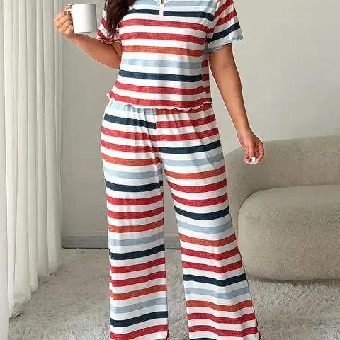 Large Size Striped Print Lace Trim Pajama Set, Button Neck Short Sleeve Top and Long Pants, Sweet and Cute Home Sleepwear Loungewear, Plus Size Loungewear