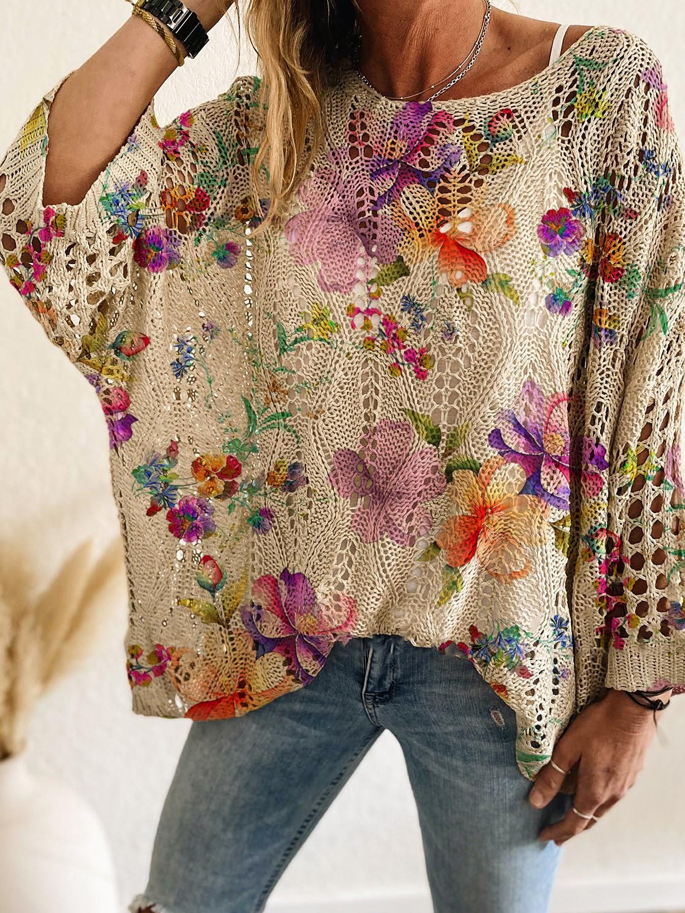 Elegant Women's Floral Print Knit Top, One-Shoulder Batwing Sleeve, Loose Fit, Spring Summer Fall Fashion, Ladies Casual Wear