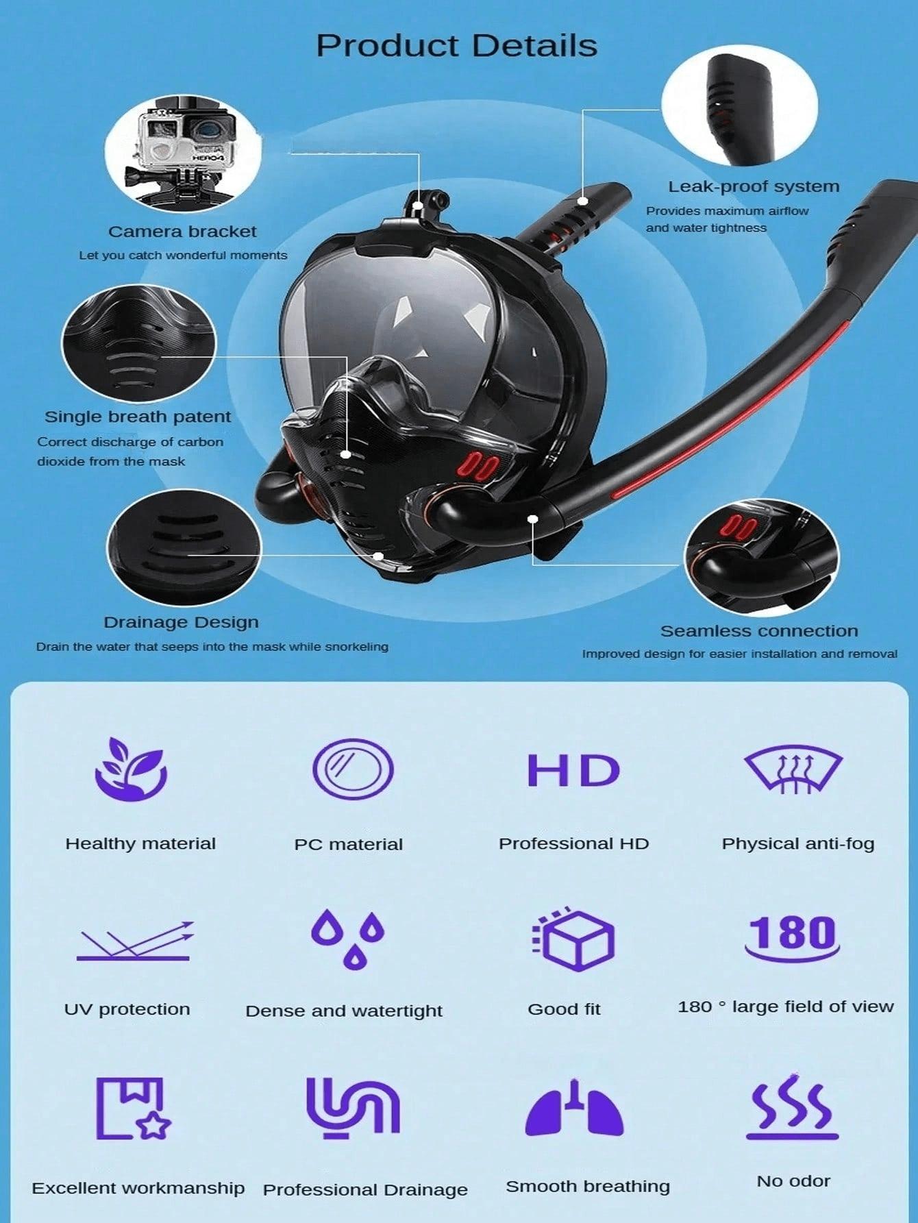 Professional Double Tube Full Snorkeling Mask, 180° Panoramic Anti-Fog Diving Mask, Dry Top System, Detachable Camera Bracket, Adult Snorkeling Equipment, Diving Gear