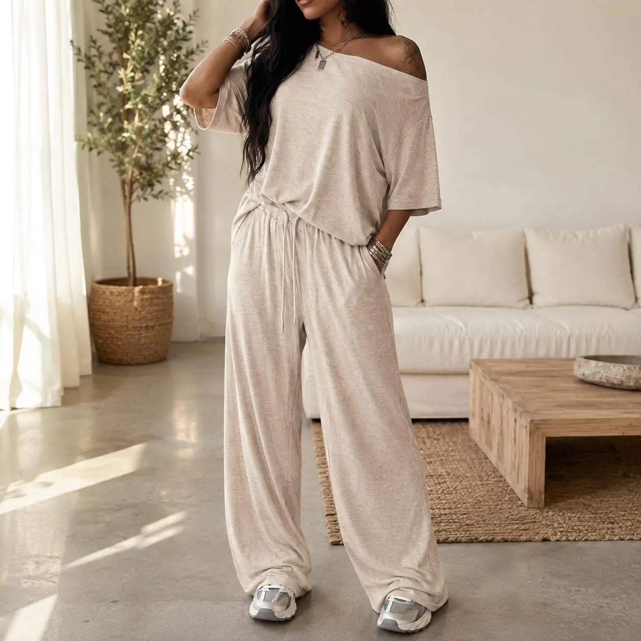 Women’s Casual Two Piece Outfit Loose Off Shoulder T Shirt and High Waist Wide Leg Pants Set Lightweight Stretchy Loungewear Matching Set for Home Airport and Daily Wear