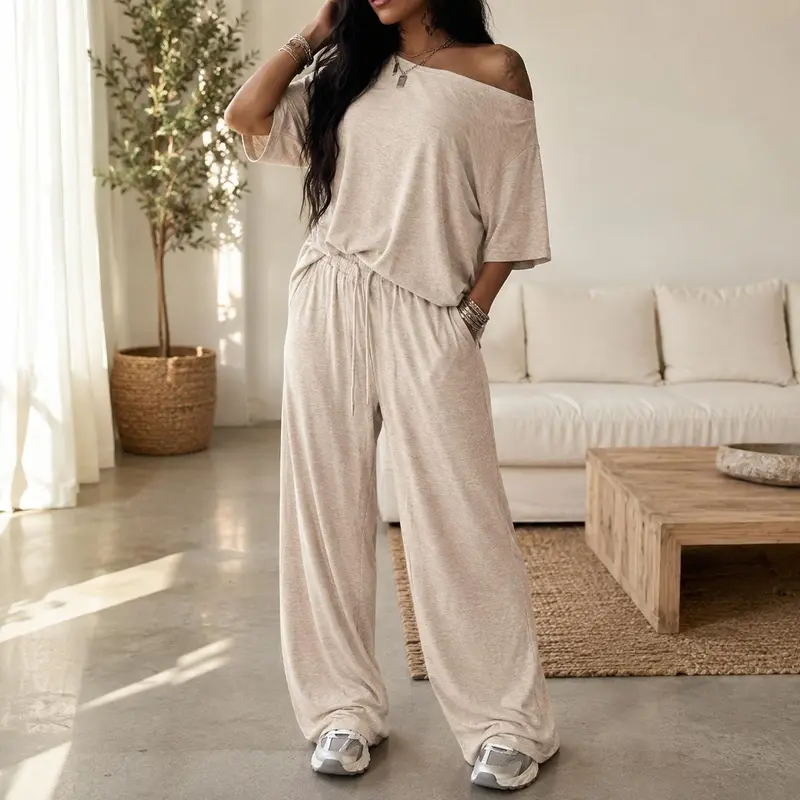 Women's 2-Piece Pants & Top Sets - Loose Off-Shoulder T-Shirt, High-Waist Wide-Leg Pants, Stretch Fabric, Plus Sizes for Home & Commute, Casual Pajama Sets