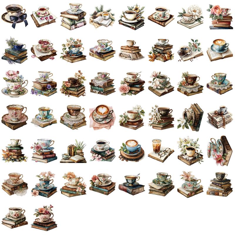 50pcs Retro Artistic Coffee Watercolor Tea Cup Old Book Floral Transparent PET Material Graffiti Stickers Suitable for Suitcases, Phone Cases, Laptops, Helmets, Skateboards Waterproof Decoration DIY Creative Stickers
