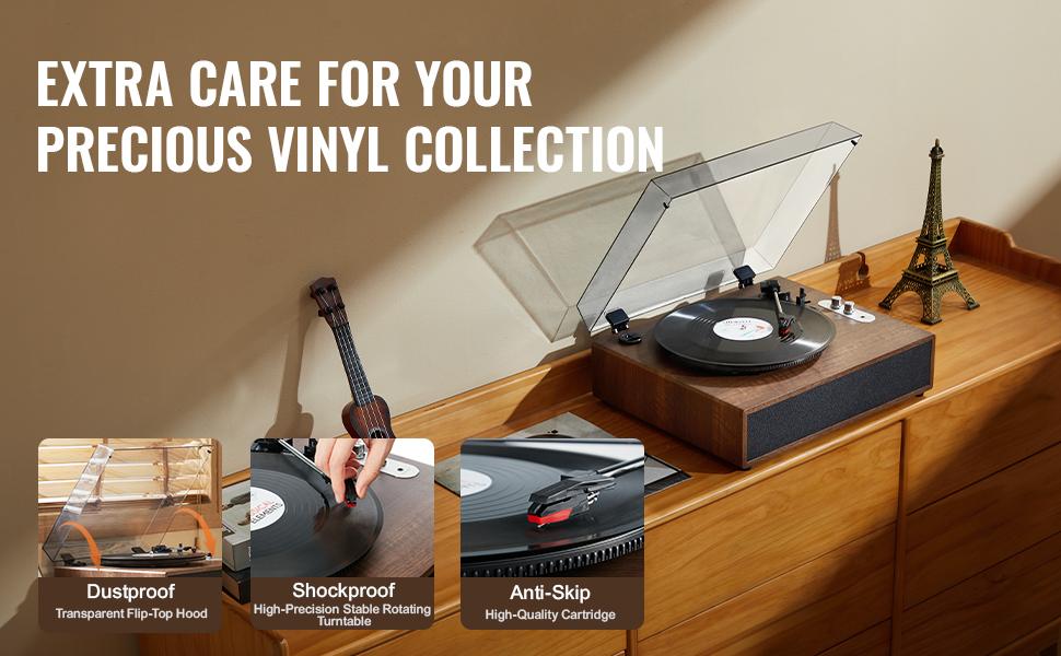 VEVOR Vinyl Record Player, 3-Speed, Belt Driven Turntable Player with Built-in 10W Stereo Speakers Magnetic Cartridge, Support 33/45/78 RPM Bluetooth Aux in RCA Output, for 7/10/12 in Vinyl Records