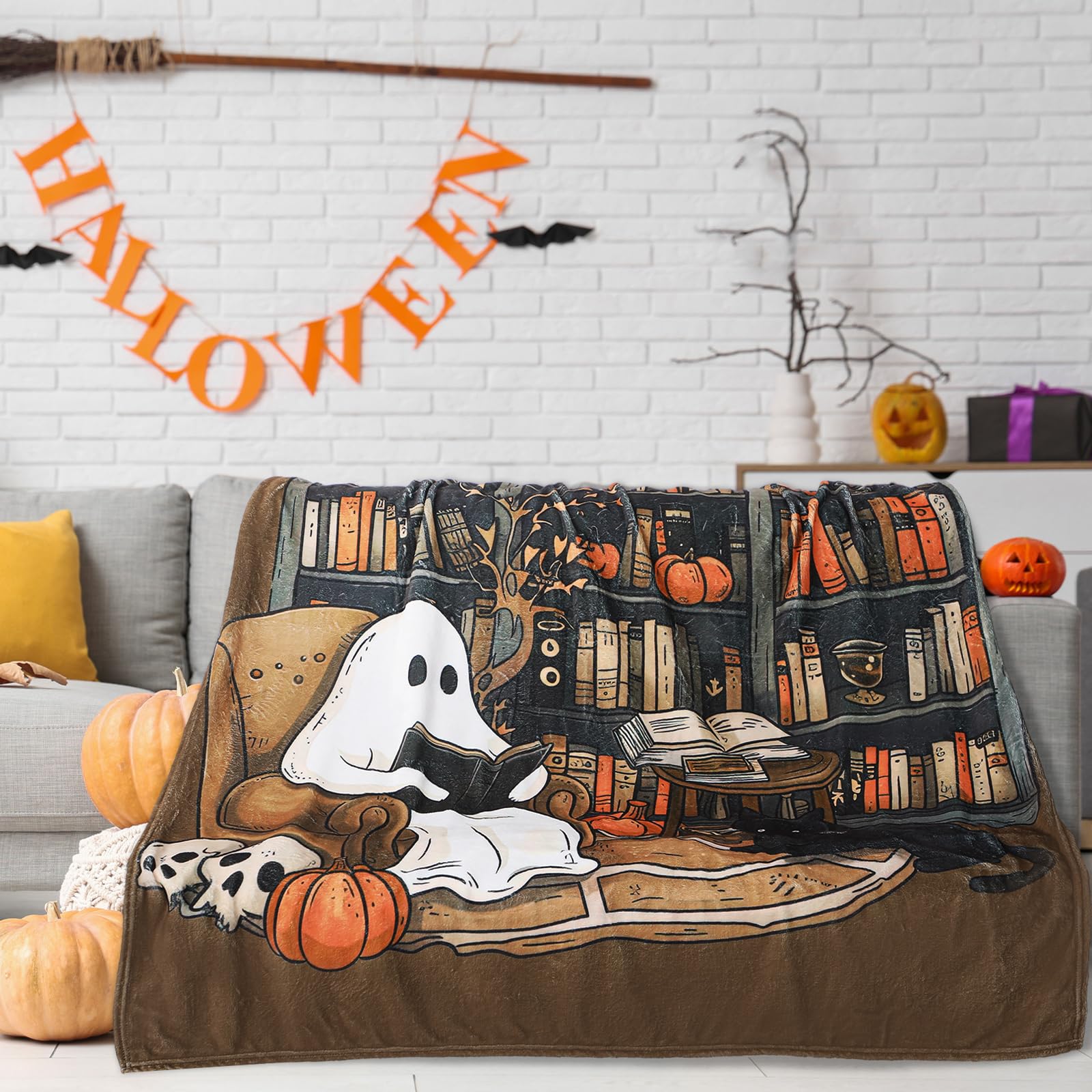 Clearance Sale Halloween Cute Ghost Throw Blanket with Bookshef Design Soft Cozy Blanket for Fall Reading Nook Autumn Winter Decor for Couch Sofa Bedroom Office Home Spooky Blanket Boo Basket Gift for Women Men Wife Book Lovers Outdoor Halloween Decor Clearance Sale Halloween Cute Ghost Throw Blanket with Bookshef Design Soft Cozy Blanket for Fall Reading Nook Autumn Winter Decor for Couch Sofa Bedroom Office Home Spooky Blanket Boo Basket Gift for Women Men Wife Book Lovers Outdoor Halloween Decor