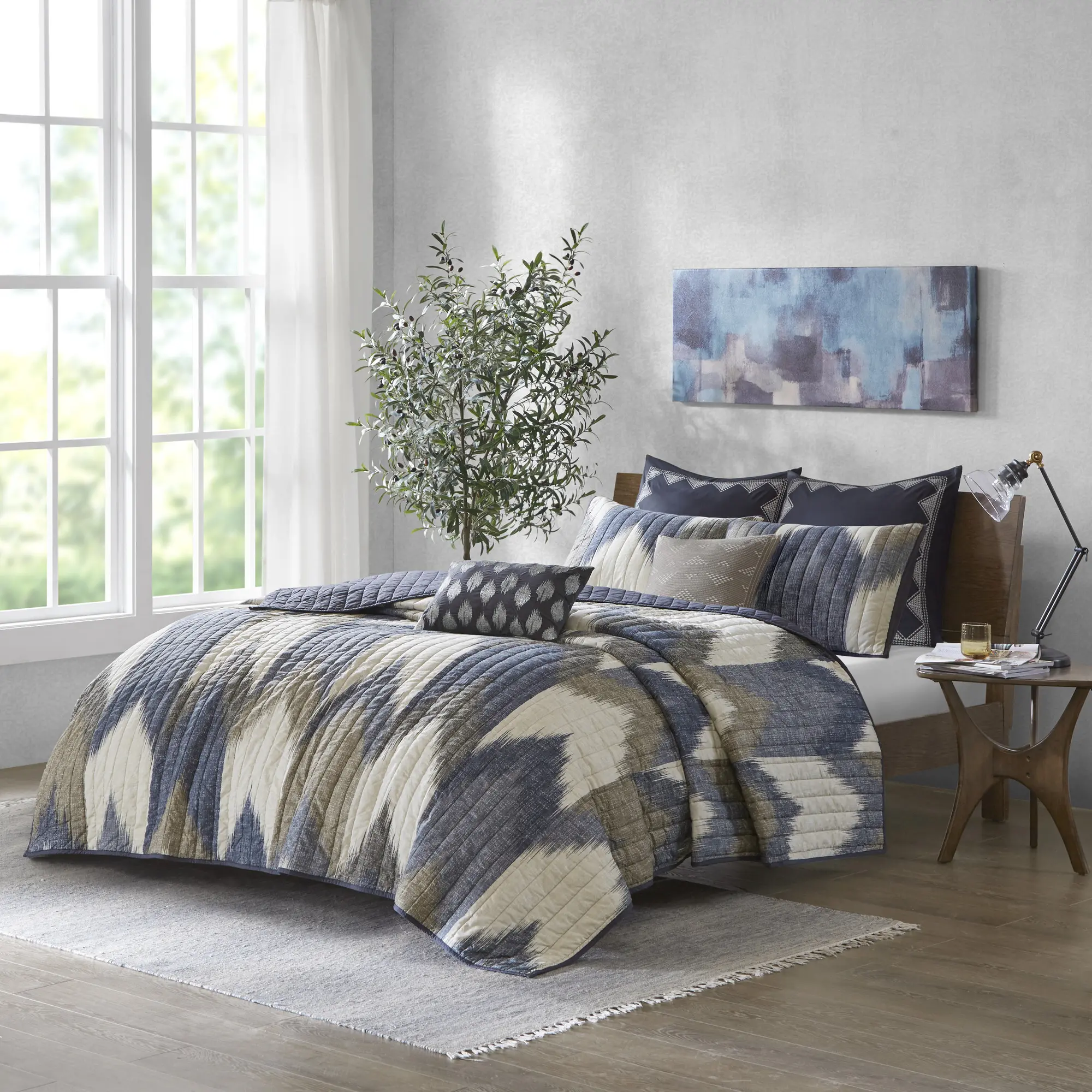 Nokaa 3 Piece Printed Cotton Quilt Set Queen Size Navy Lightweight Reversible Bedspread with Shams Soft Breathable All-Season Coverlet for Bedroom Guest Room Dorm Home Decor Machine Washable