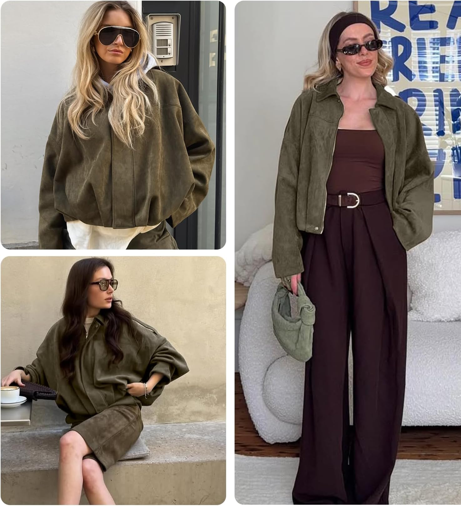 Buenoble Women's Faux Suede Bomber Jackets Cropped Fall Winter Lapel Motorcycle Coats Streetwear Outerwear with Pockets Tops Womenswear Basic Brown Casual Long Sleeve