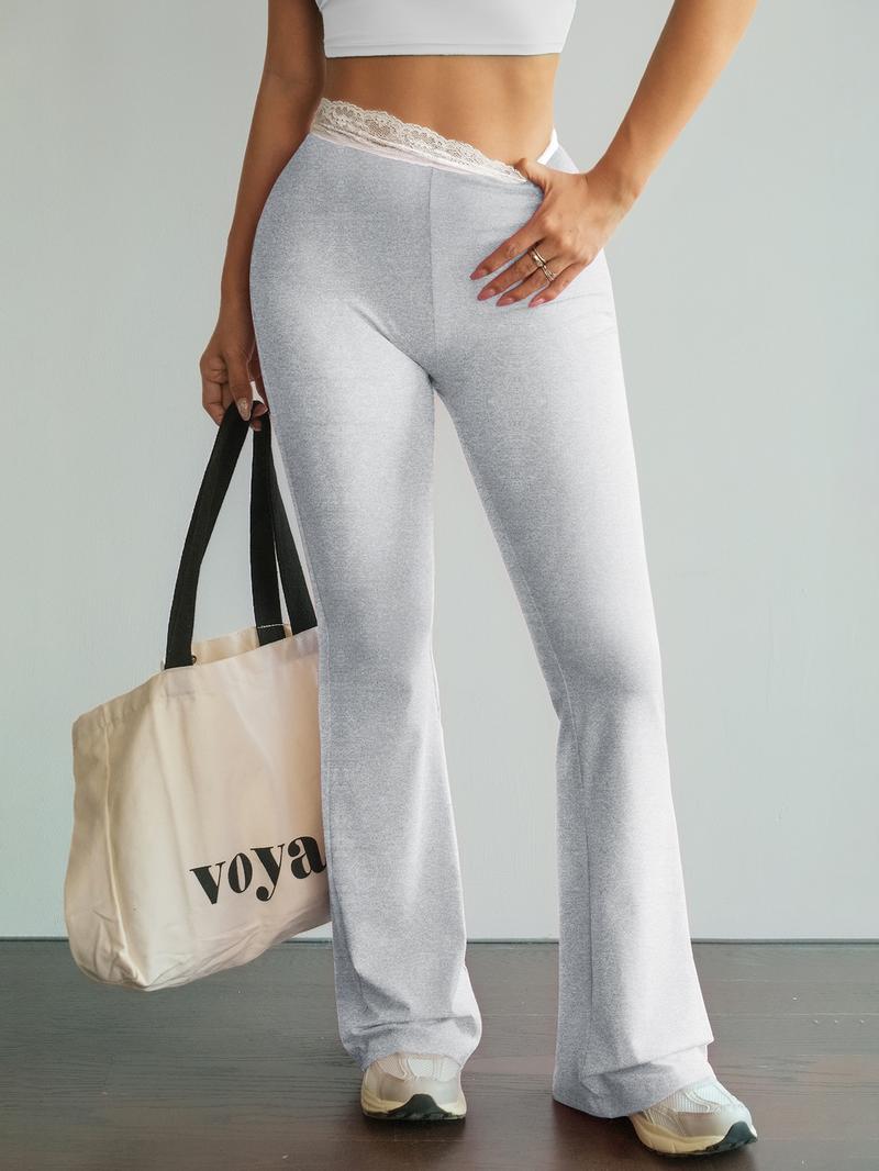 Women's Lace Trim Waistband High-Waisted Leggings, Stretchy Tight-Fitting Pants, Athleisure Style Bottoms for Gym Workout Street Outdoor Casual Running Hiking All Seasons