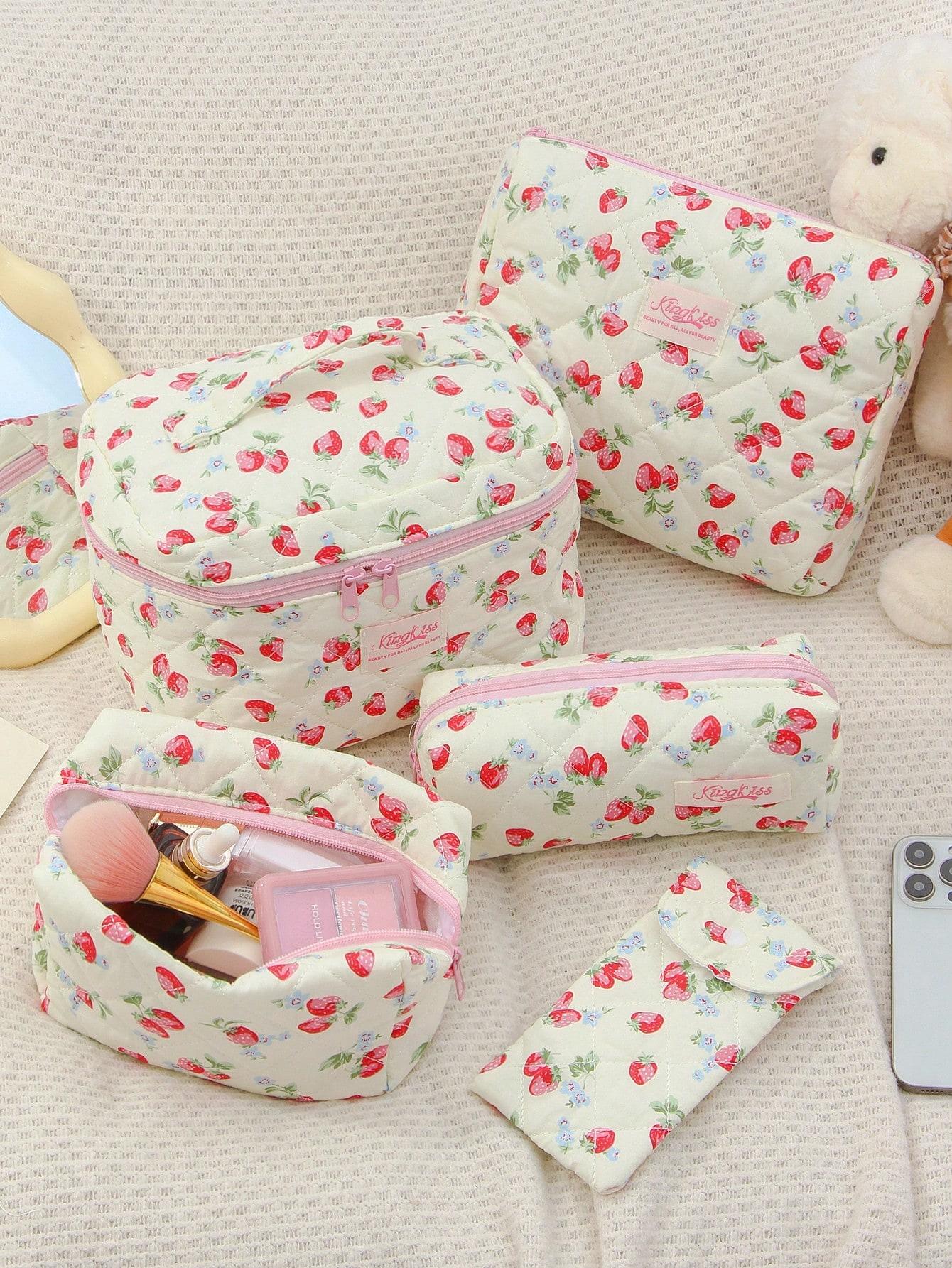 Cute Strawberry Pattern Makeup Bag, Large Capacity Travel Cosmetic Organizer, Multi-Functional Storage Pouch for Girls, Handy Makeup Brush & Pencil Case, Zipper Makeup Bag